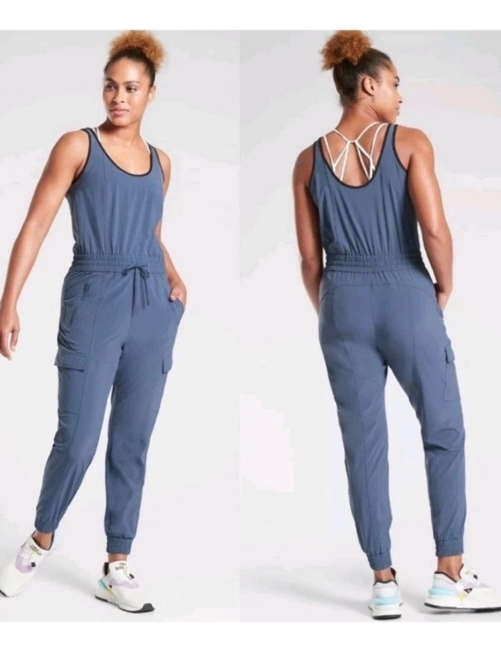 Athleta Unbound Jumpsuit Blue Recycled Stretch Sleeveless Cargo Pockets Size S
